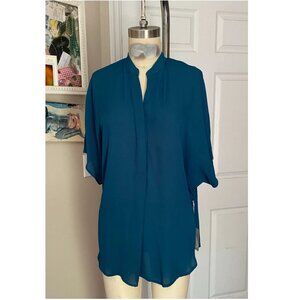 FOREVER 21 Teal Silky Slinky Slit collar Mock neck Blouse Tunic Shirt *SMALL*